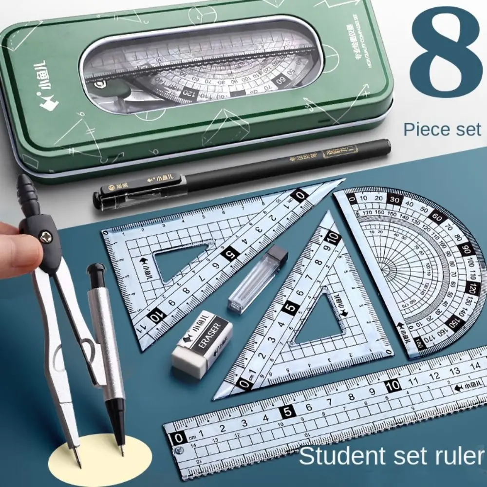 

7/8pcs High Quality Transparent Ruler Compass Set with Signing Pen Eraser Compass Kit Straight Ruler Protractor Students