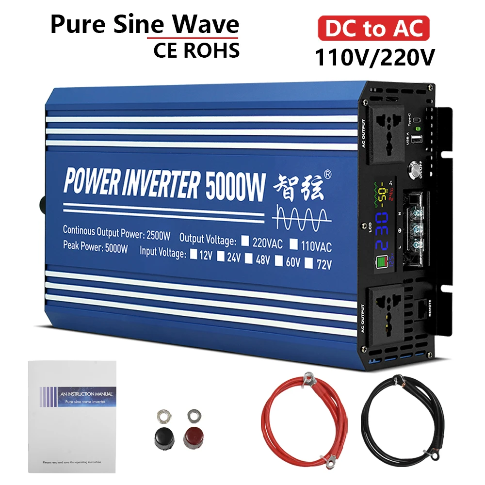 

High Frequency 5000W/2500W Pure Sine Wave Inverter DC to AC 12V 24V to 110V 220V 230V Car Inverter with USB and Type C