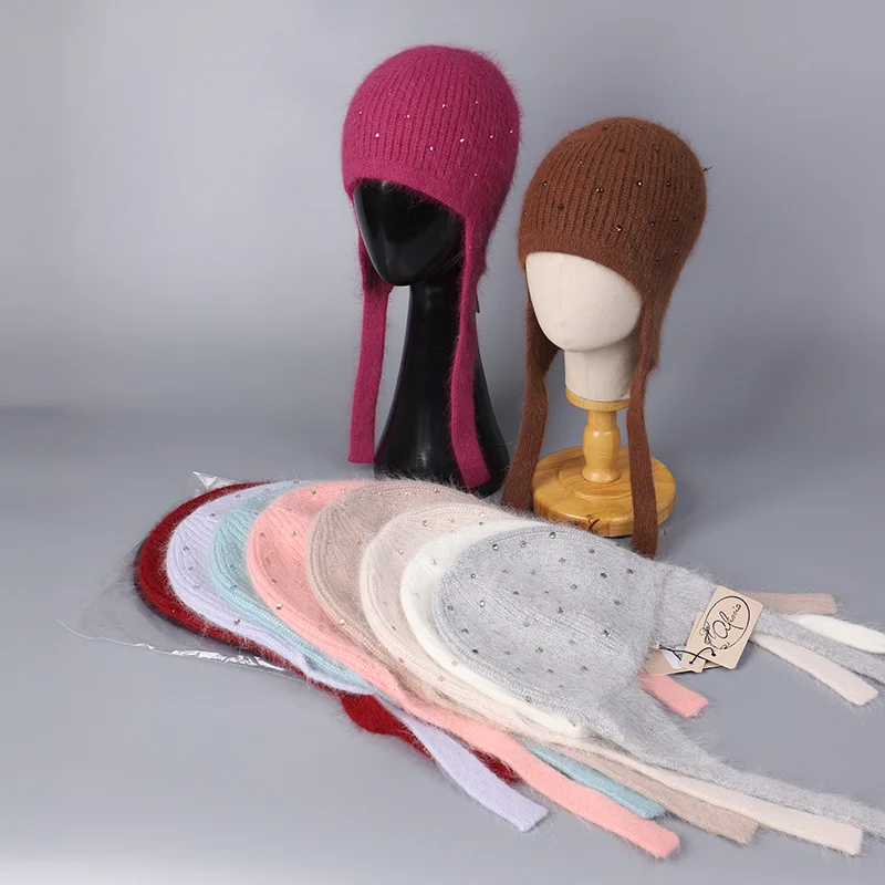 

Женская вязаная шапка из кроличьего меха со стразами, теплая шапка