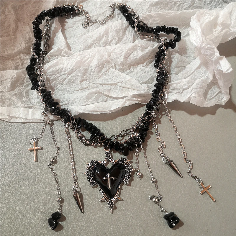 Gothic Dark Style Metall Flügel Stern Kreuz Dornes Herz Anhänger Halskette Y2K Personalisierte Kreative Punk Frauen Männer Charm Schmuck – Detail 8
