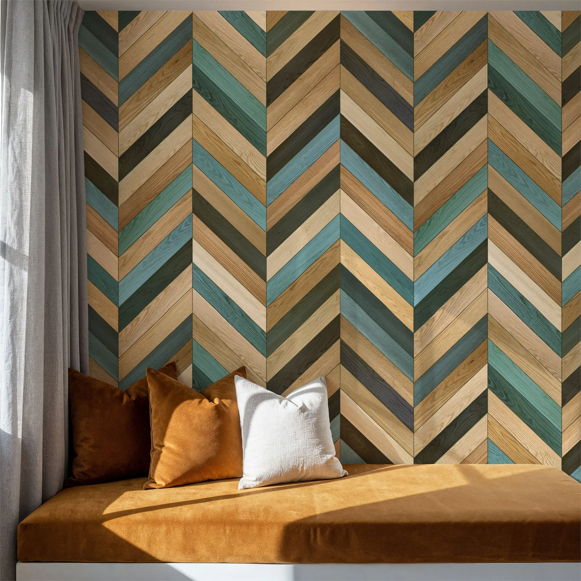 Chevron Wood Teal Custom Wallpaper Wall Mural for Living Room