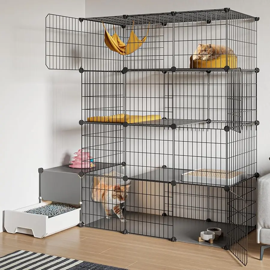 

Cat Cage with Litter Box,4-Tier DIY Enclosures Large Playpen Detachable Metal Wire Kennel Indoor Crate Large Exercise Place Idea