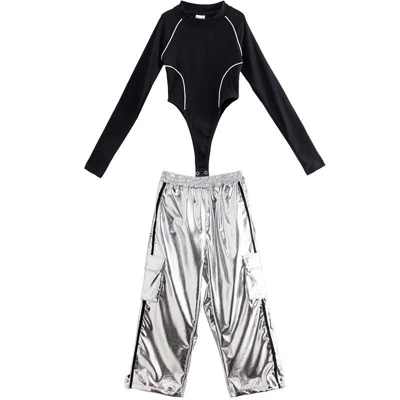 Girls Jazz Dance Hip Hop Outfit Child Model Catwalk Stage Dance Show Costume Black Navel Top White Trousers