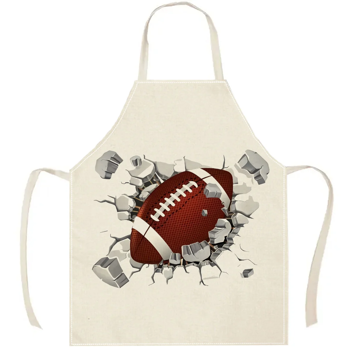 1pc American Football Apron Sports Print Linen Kitchen Apron with 3D Breakthrough Design Brown Football and Cracked Wall