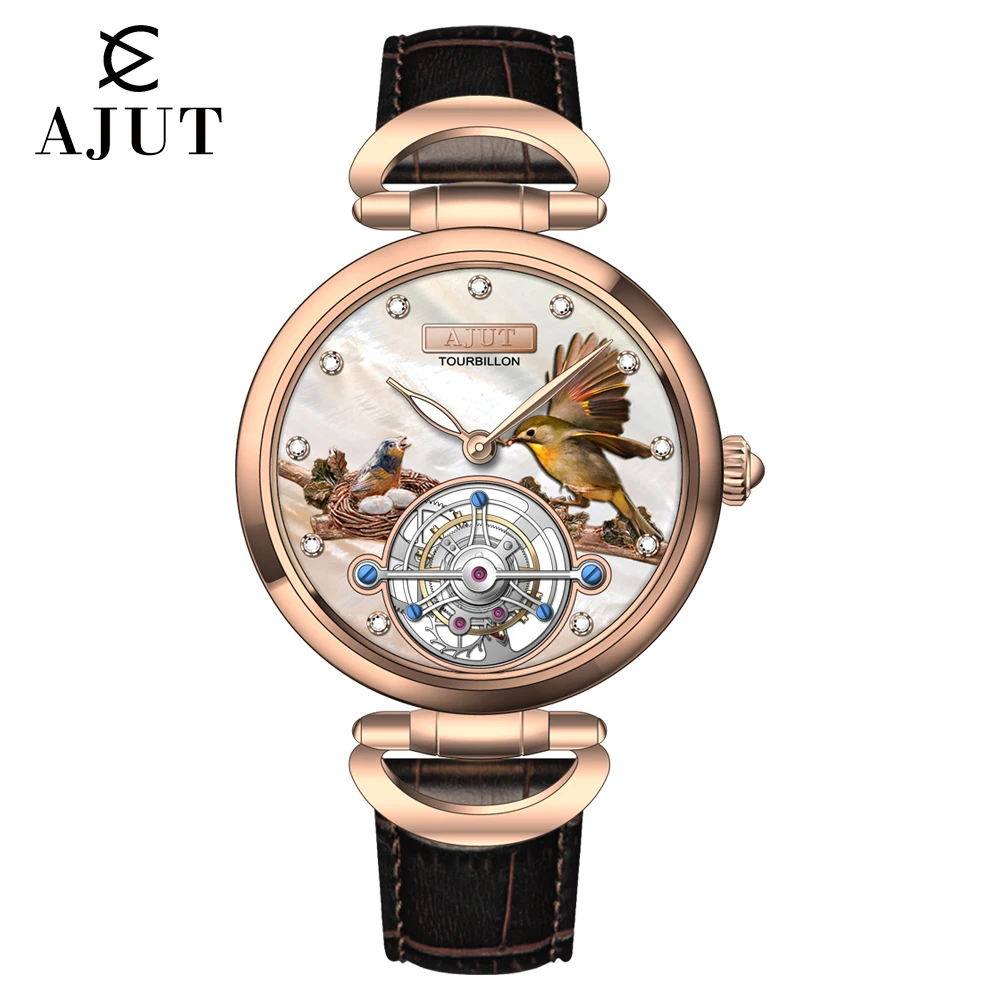 AJUT manuel Tourbillon mécanique luxe femme montre mouvement creux volant saphir verre Zircon lunette dames montres 0312