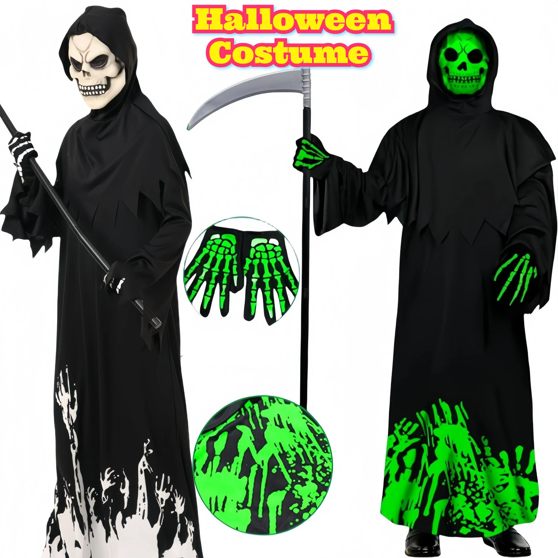 

Halloween Costume Black Grim Reaper Skeleton Outfit Glow Dark Cosplay Role Play Party Suit Scary Performance Game Theme Apparel