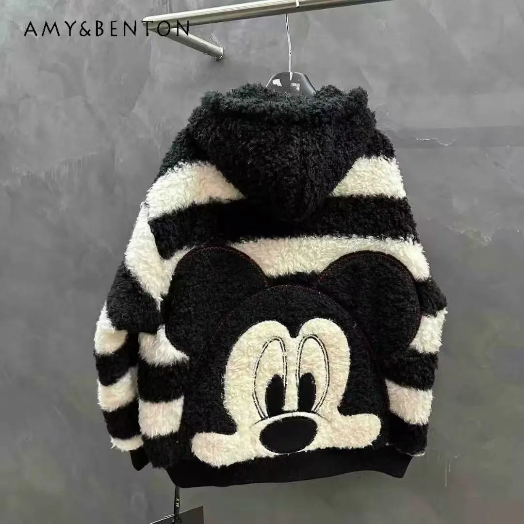 

Trendy Brand Black And White Color-Block Imitation Cashmere Wool Coat Ladies 2025 Winter New Plush Hooded Warm Jacket For Women