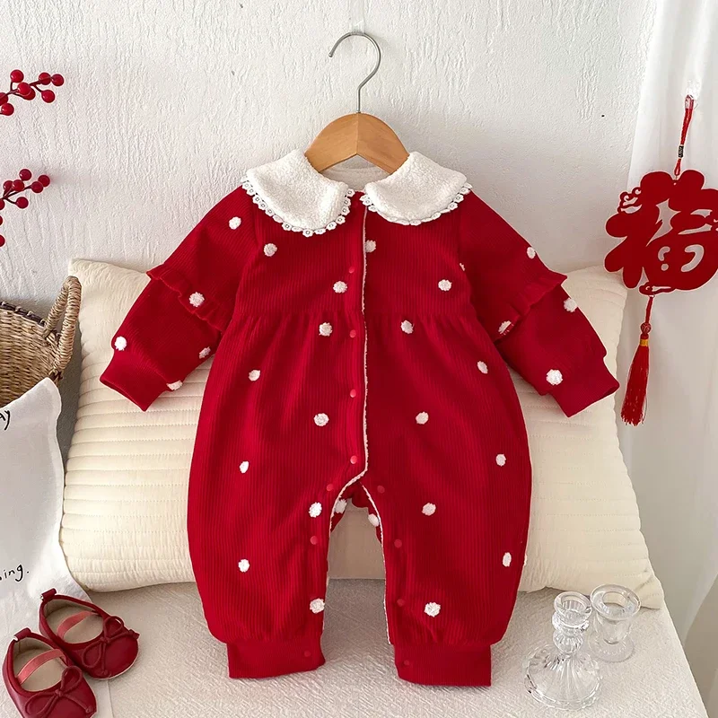2025 New Winter 0-24M Toddler Baby Girl Thicken Warm Romper Long Sleeves Corduroy Printing Jumpsuit Baby Thicken Warm Clothing