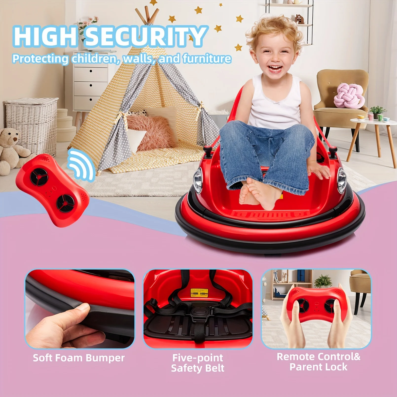 Ride On Bumper Car 12V Electric Vehicle Toys, 360 Degree Spin, Safety Belts, LED Lights, Vehicle Body