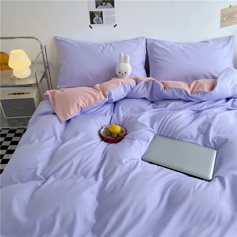 Simple Style 100% Washed Cotton Duvet Cover Queen King 3 Pieces Solid Color Bedding Set, 1 Quilt Cover and 2 Pillowcases, Purple