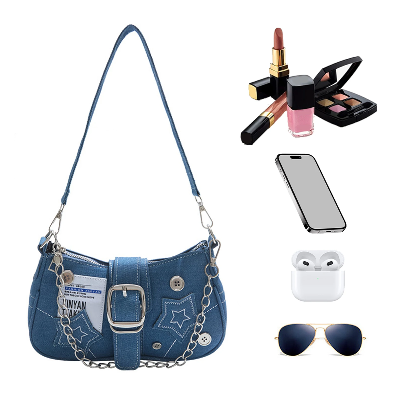 

Сумка с пряжкой в стиле ретро и вышивкой звезд, большая вместительная джинсовая сумка Y2K для подмышек, ковбойская сумка подмышками, дорожная рабочая сумка для свиданий