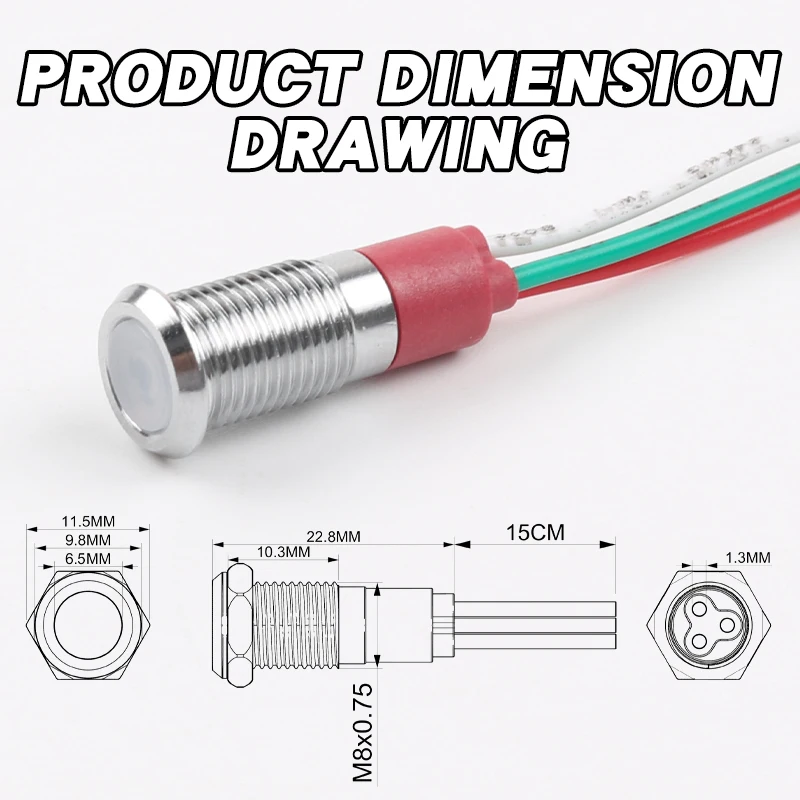 8mm Kırmızı ve Yeşil İki Renkli LED Metal Gösterge Lambası Kablolu, 3V/6V/12V/24V Yüksek Parlaklık, Panel Montajlı, Endüstriyel Kullanım