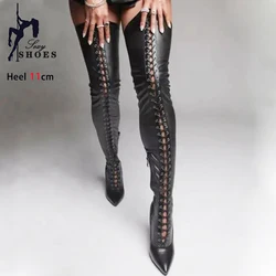 Black Leather Over The Knee High Boots 11CM Stiletto Heels Women Pointed Toe Stripper Shoes Elastic Thigh Boots Plus Size 34-43