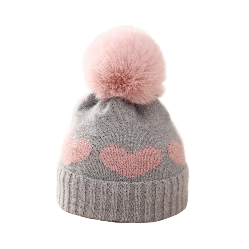 Baby Girl Winter Hat Cute Heart Pattern Plush Pom Knit Beanie Warm Hospital Cap for Infant Cold Weather Accessories