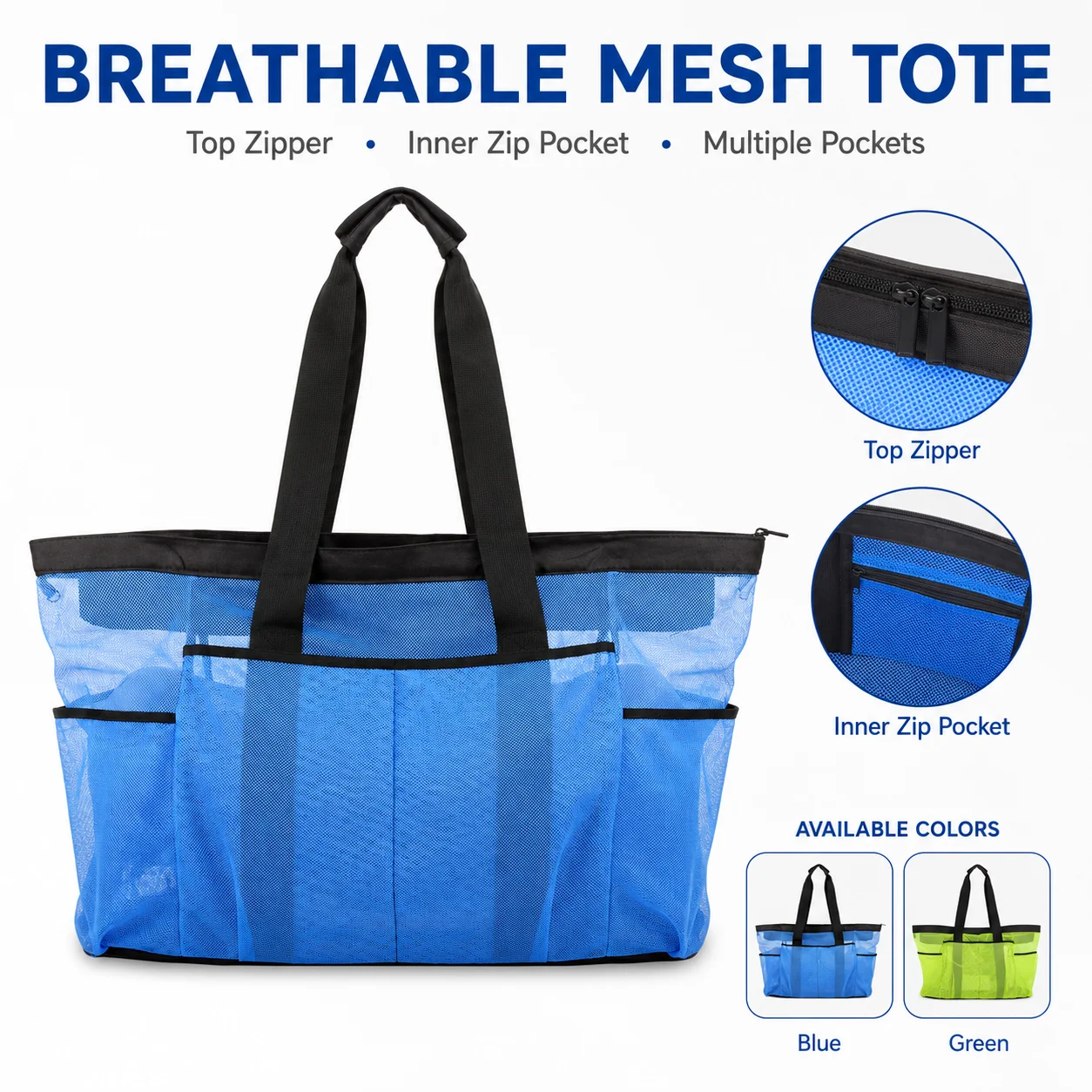 Large Mesh Swim Bag with Zipper Side Pockets Foldable Pool Gym Tote Travel Organizer for Wet Clothes Towels Sports