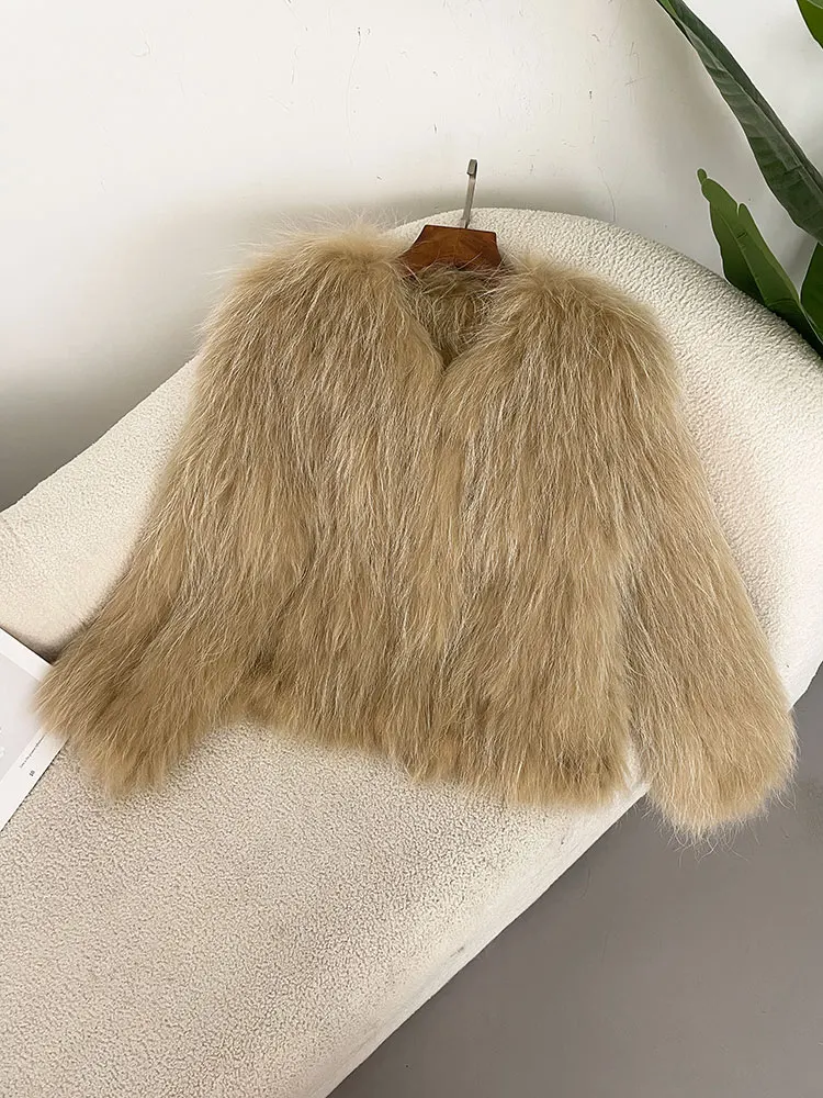 

Fashion 2024 Winter Thickened Warm V-neck Natural Raccoon Fur Woven Fur Jacket Women Short Korean Style Jacket Casual Overwear