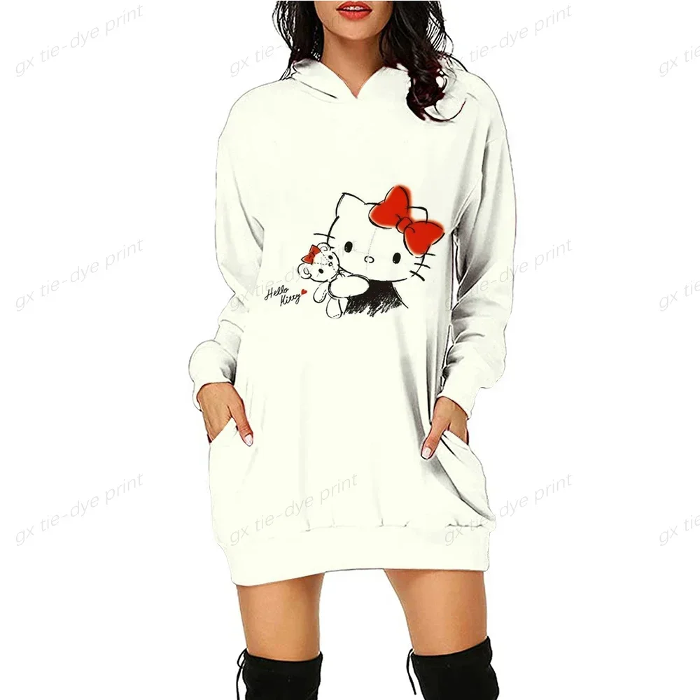 HELLO KITTY Autumn Women Hoodie Dress Fashion Slim Fit Sweatshirt Dresses for Women Pocket Kawaii Hooded Casual Dress Mini Dress