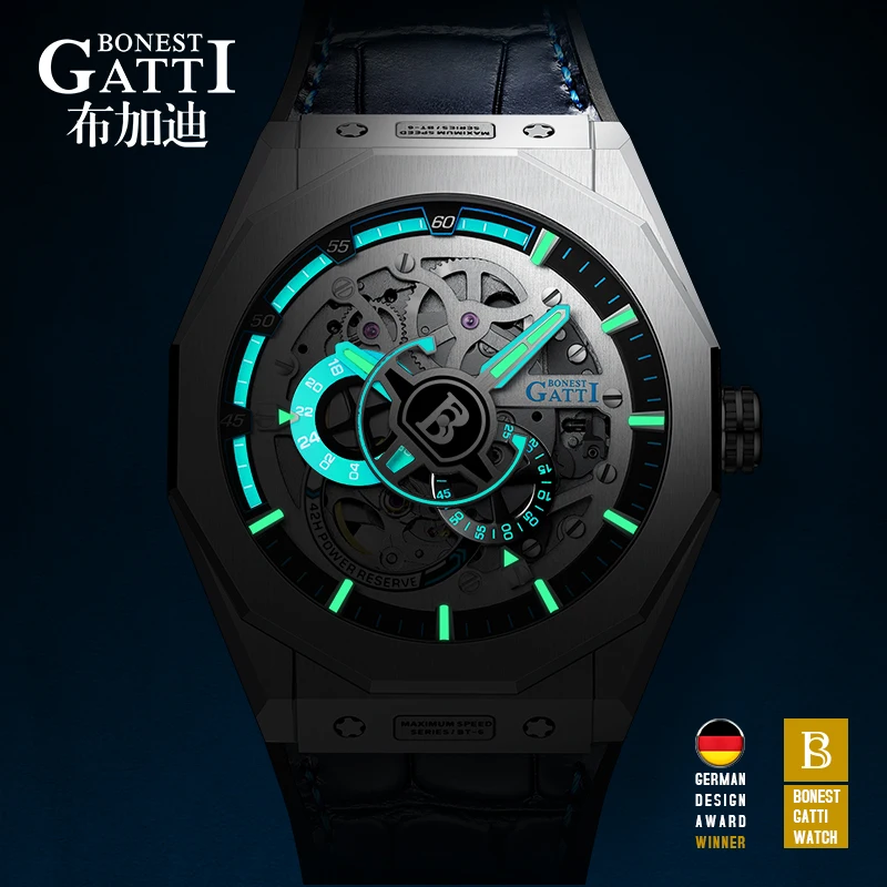 BONEST GATTI мужские часы немецкие автоматические механические скелетон светящийся модный кожаный ремешок BG7601-B