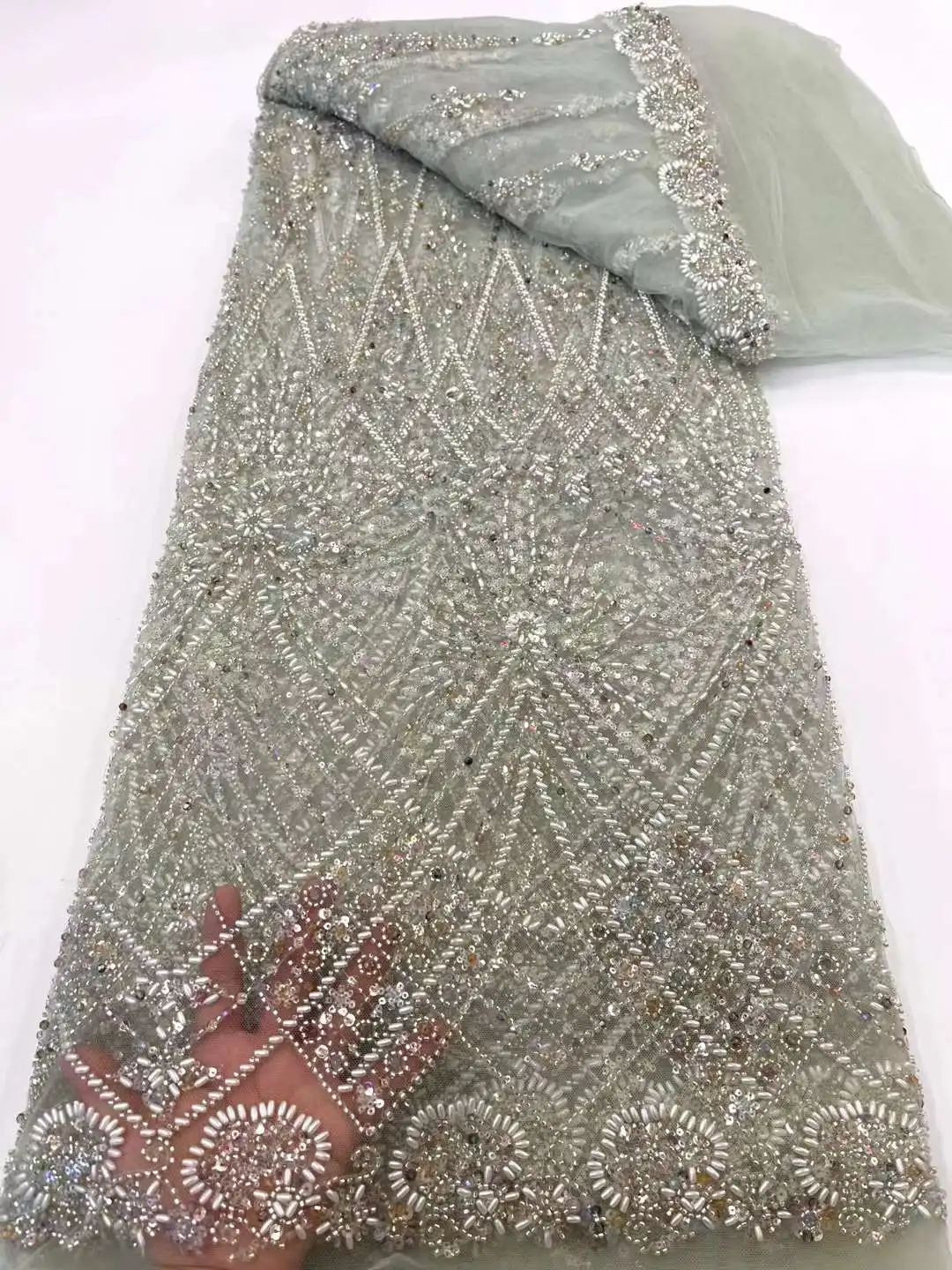 Luxury Handmade Beaded Lace Fabric with Embroidery 3D Stones Materials African Dubai Pearl Tulle Dress Lace Fabric Sewing XC100Y