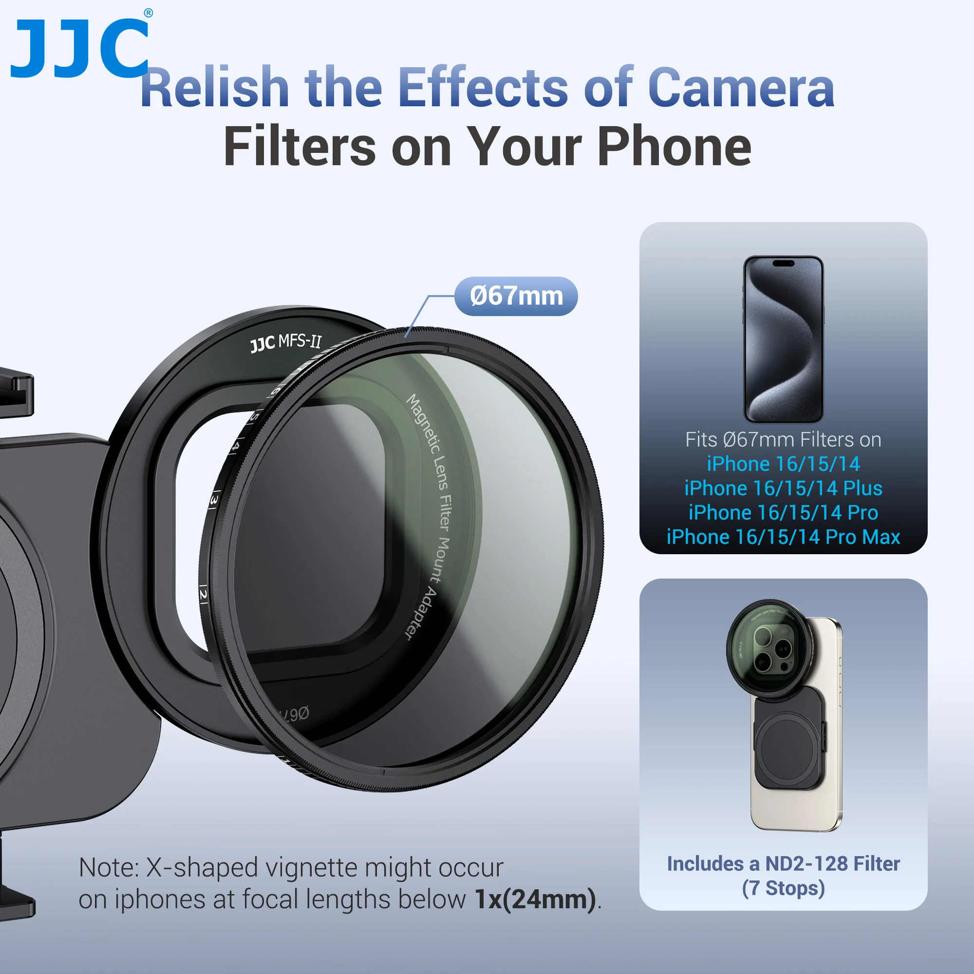 JJC 67mm ND2-128 Variable ND Filter Magnetic Lens Filter Adapter Kit For iPhone 16 15 14 Pro Max Plus Vlogging Video Recording