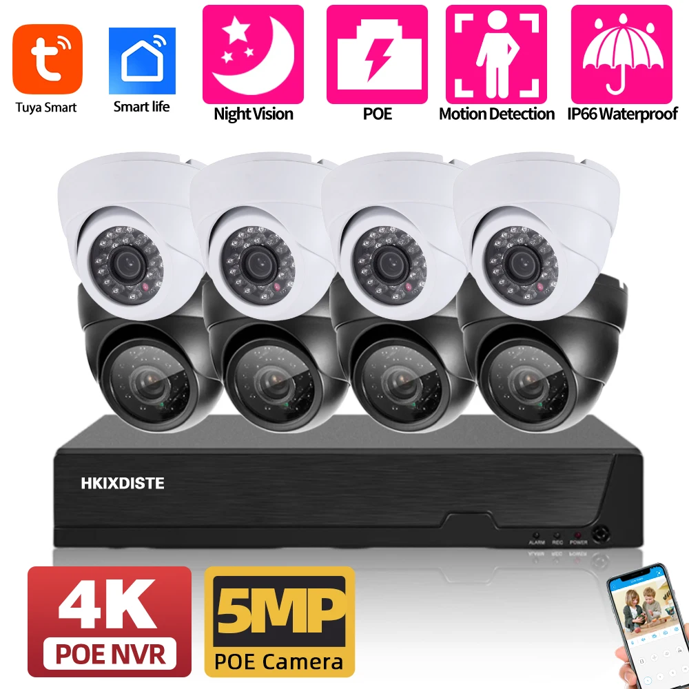 

Tuya HD 5MP Security Camera System POE NVR Kit 8CH 4K Indoor Home CCTV Ceiling Metal Dome IP Camera Vdieo Surveillance Kit 4CH