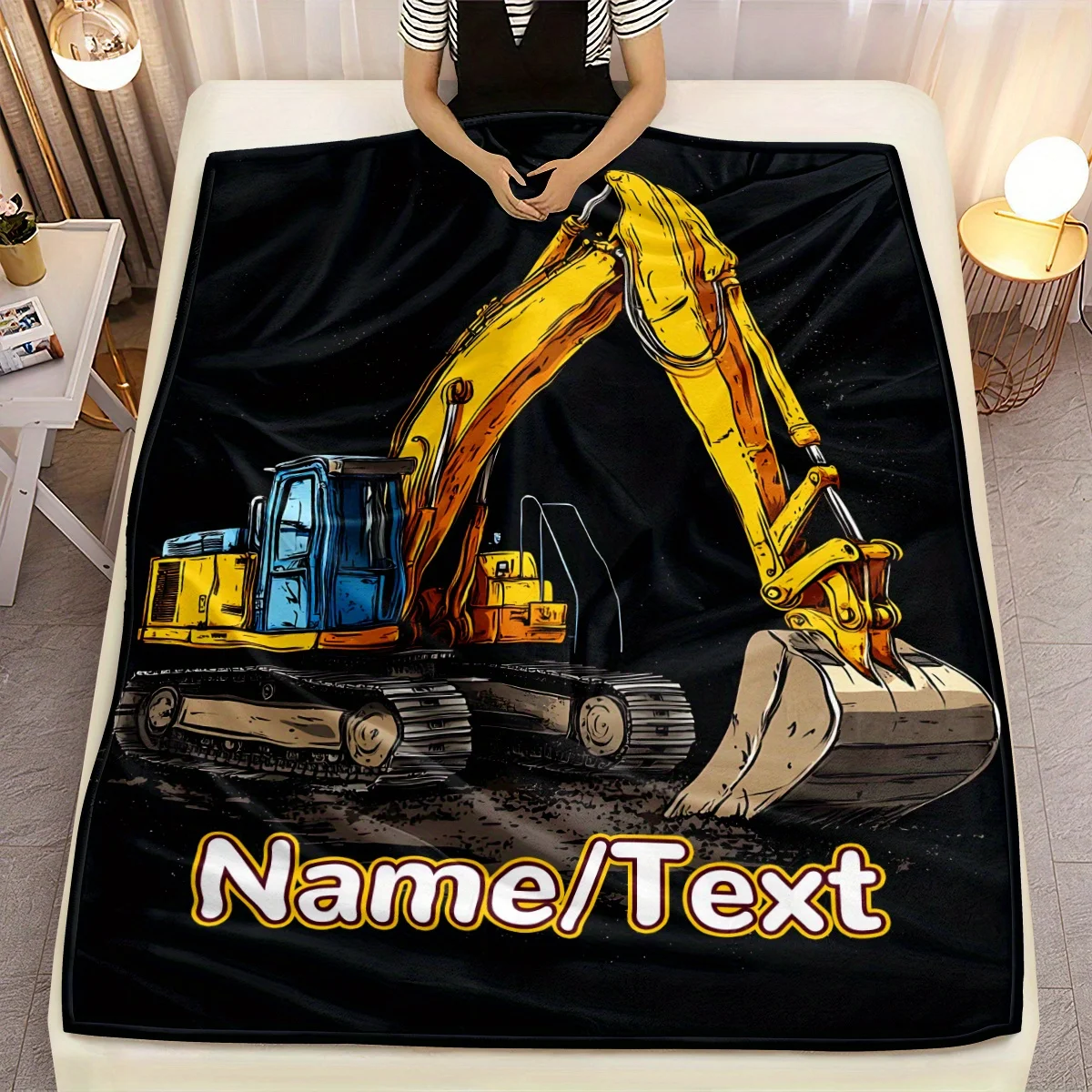 Personalized Excavator Blanket Yellow Construction Truck Design Custom Name Soft Fleece Throw Gift For Kids And Engineering Fans