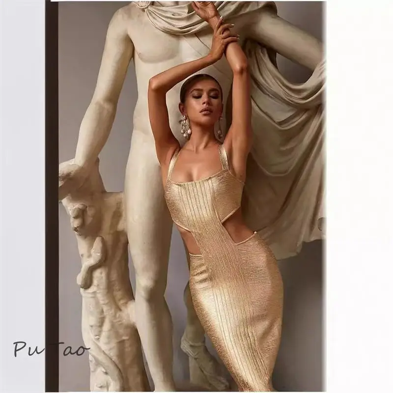 

PuTao Golden Women Prom Dress Sexy Halter Sleeveless Evening Party Gown Sexy Hollow Slim Fit Formal Red Carpet Birthday Robes