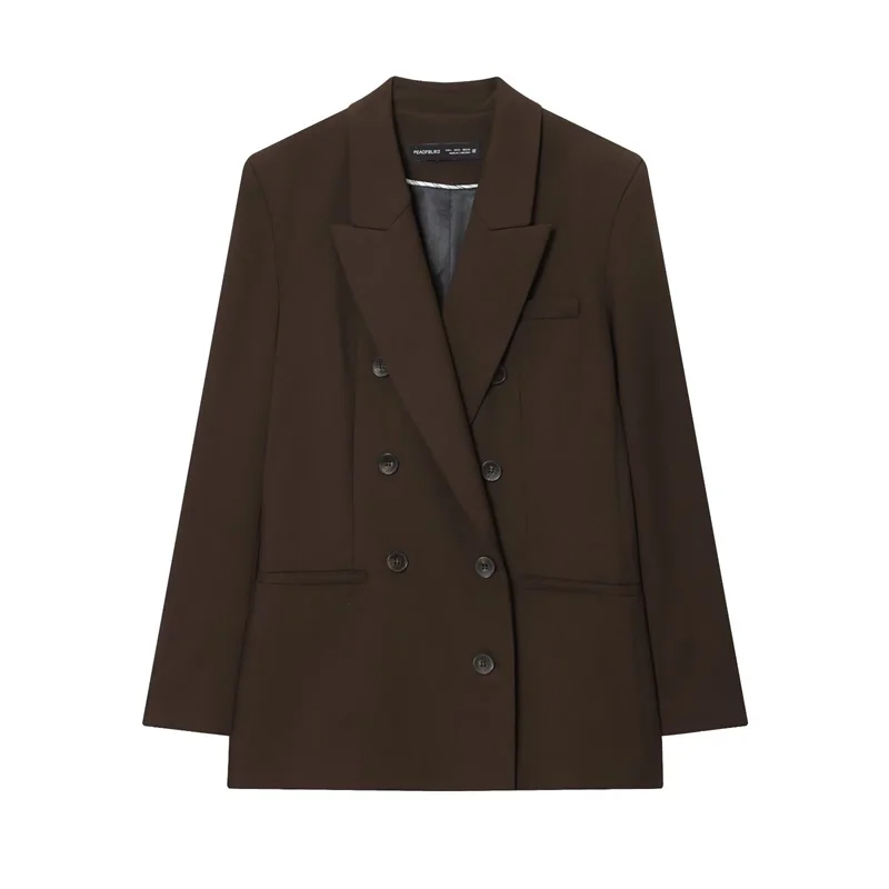 Women's Suit 2025 Autumn New Style Reddish-Brown Long-Sleeve Double-Breasted Blazer with Shoulder Pads and Straight-Leg Pants