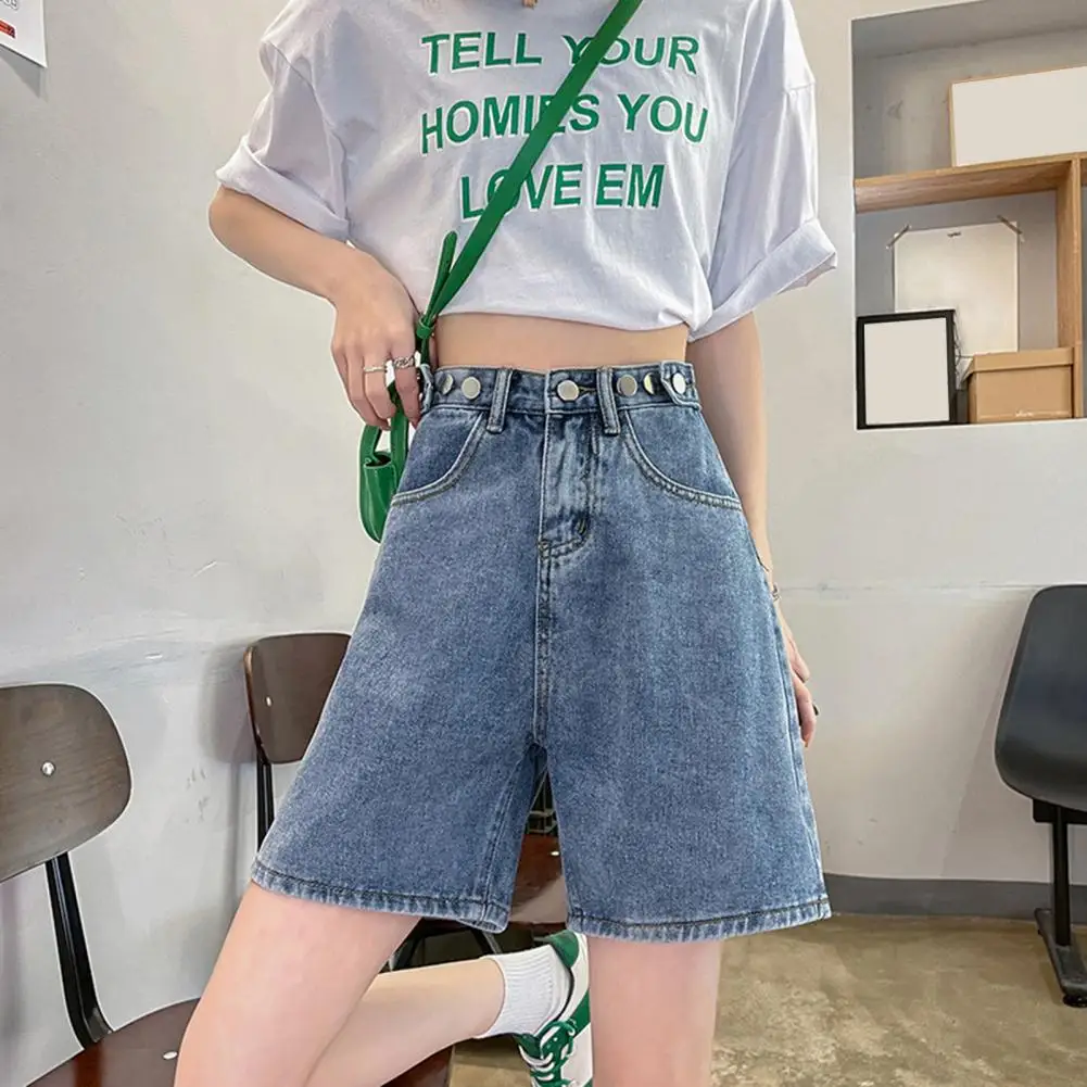 High-waist Jeans Vintage A-line Denim Shorts Adjustable Waist Zipper Closure Pockets Women's Knee Length Jeans for Style Button