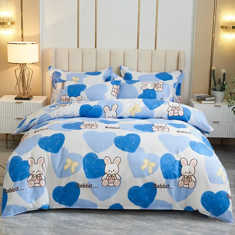 Kawaii Bunny Duvet Cover Cartoon Rabbit Blue Love Heart Print Bedding Set-1 Reversible Quilt Cover + 1 Flat Sheet + 2 Pillowcase