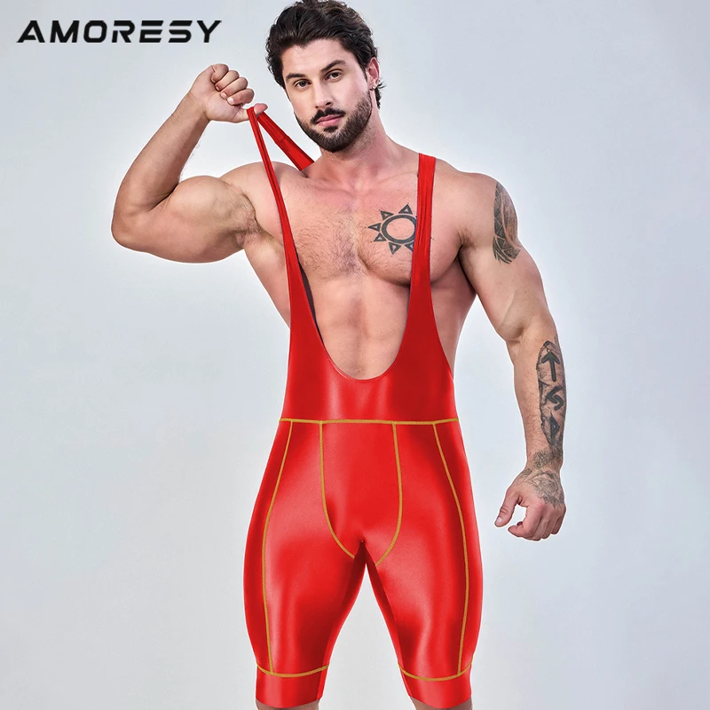 AMORESY Mens Satin Cycling Bibs Five-Dimensional Pants Tights Running Swim Overalls Oil Glossy Bicycle Road Shock Absorbing Bibs