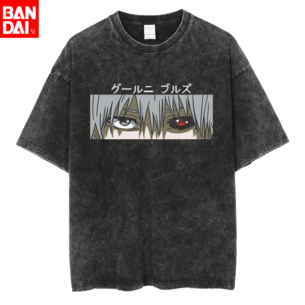 Anime Tokyo Ghoul Kaneki Ken Augen-Print Washed T-Shirt Herren Vintage Harajuku Streetwear Gothic Punk Oversized Kurzarm-Oberteil