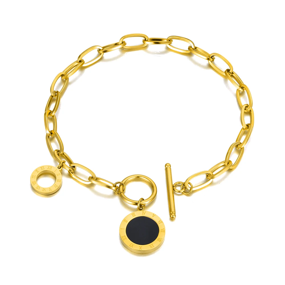 Lokaer 316L Stainless Steel Black Acrylic Chain & Link Bracelets For Women Vintage Roman Numerals Charm Bracelet браслет B21046