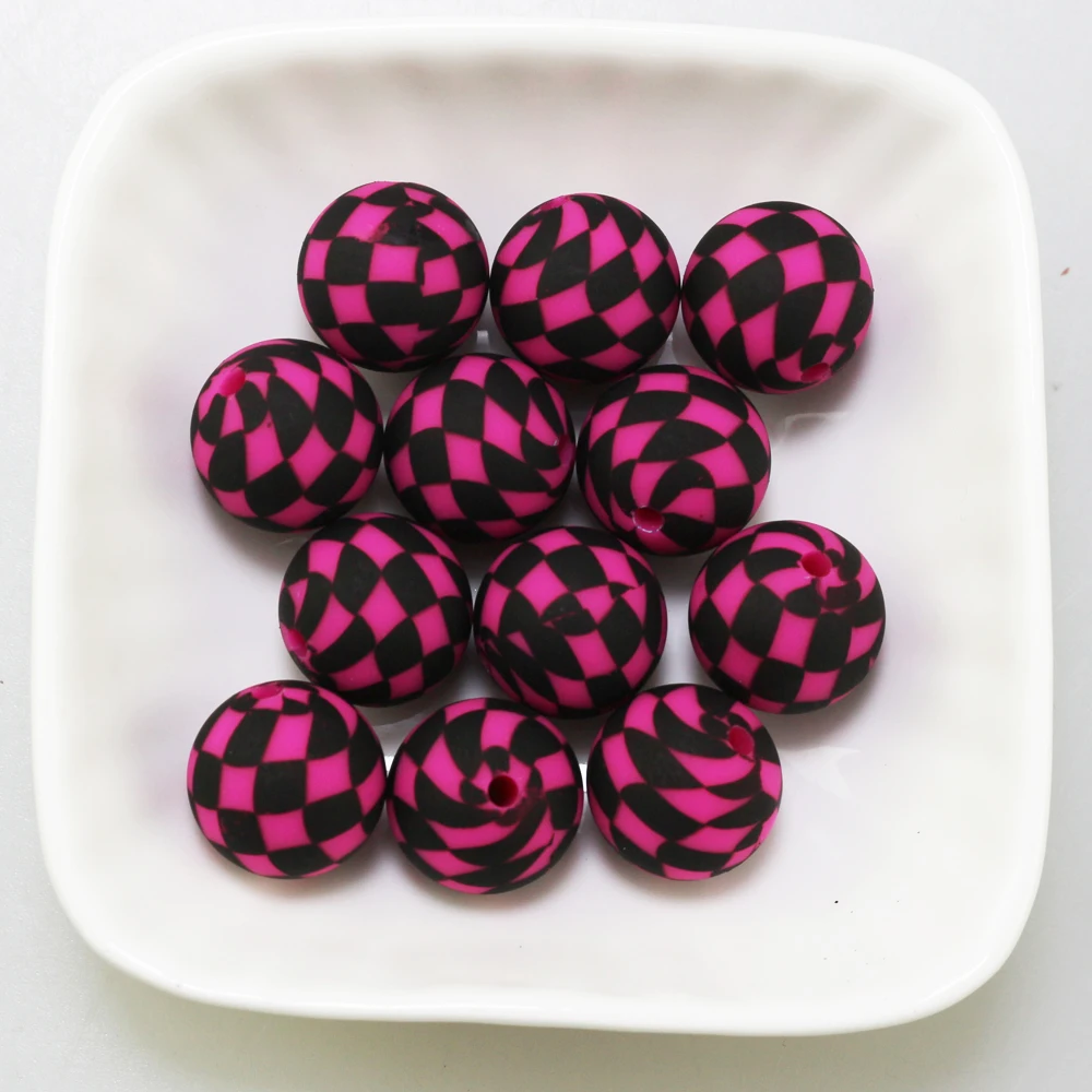 2024 New Products Colorful Checkered Print Silicone Beads 15MM Baby Round DIY Beaded Pen Chewing Toy Accessories