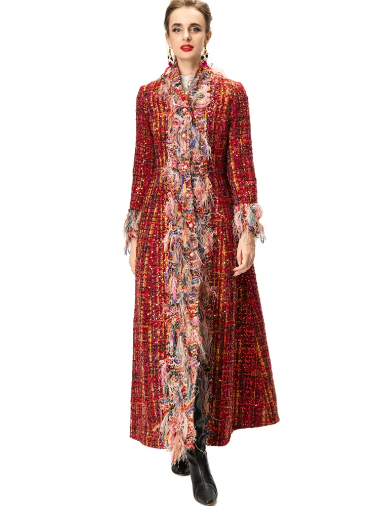 QMQA Fashion Women's Winter Elegant Tweed Coat Beaded Stand Collar Long Sleeve Sequin Colorful Tassel Long Overcoat New QM908