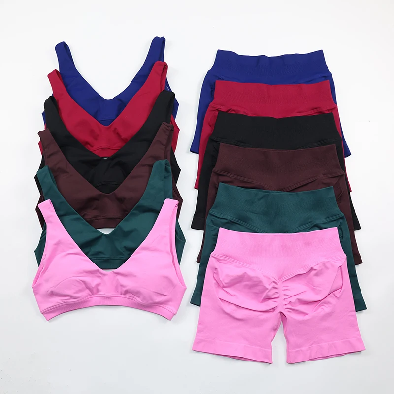 2 Piece Seamless Yoga Set V-neck Scoop Back Sports Bra Scrunch Butt Gym Shorts Sets Workout Clothes Women Fitness Outfit