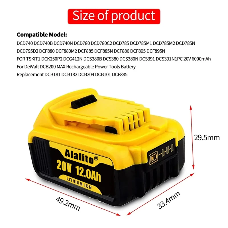 20V 12000mAh DCB200 Replaceable Li-ion Battery Compatible for Dewalt 18 Volt MAX Power Tools 18650 Lithium Batteries