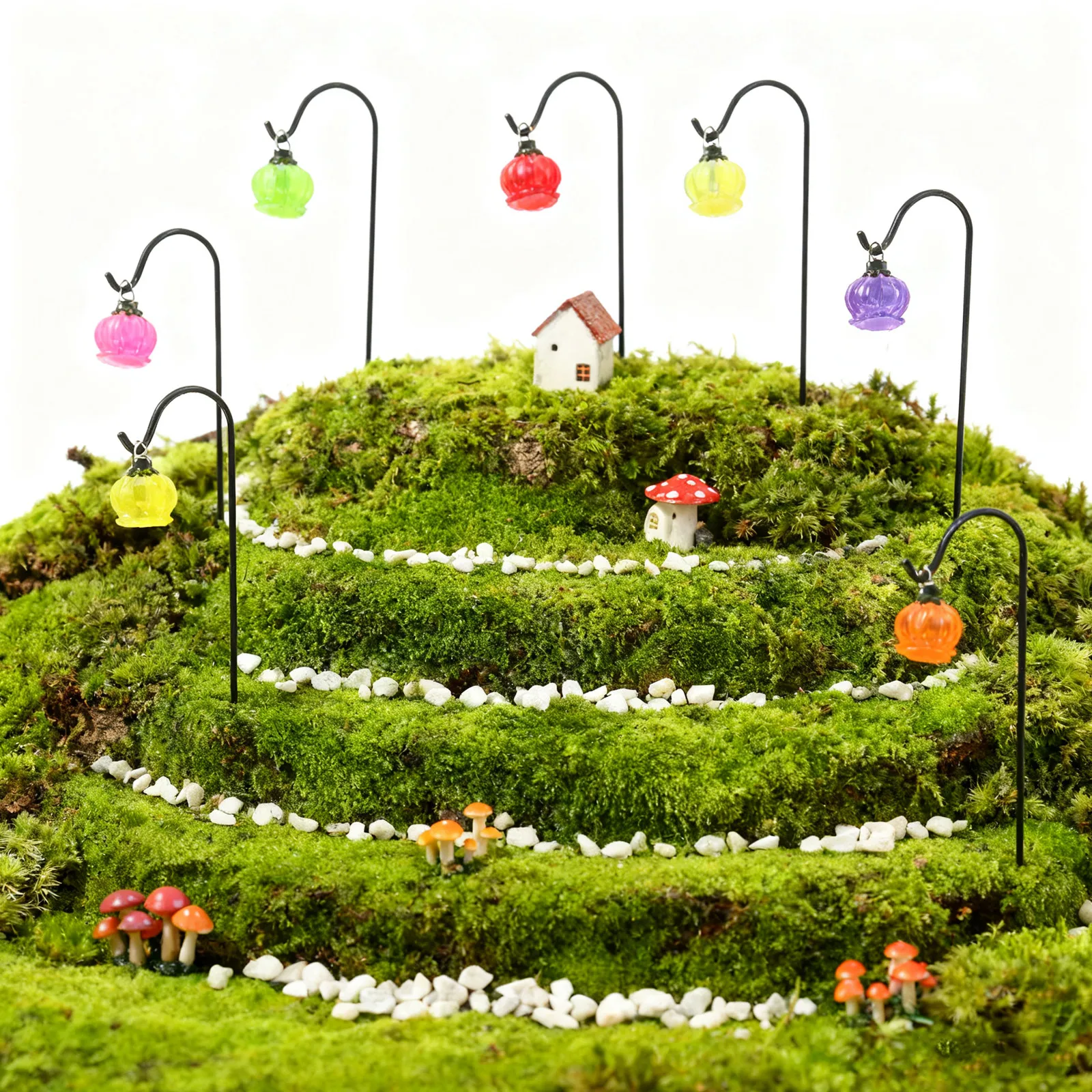 7Pcs Glow in Dark Mini Flower Pick Stand Set Luminous Lantern Style Fairy Garden Terrarium Decoration Micro Landscape Ornament