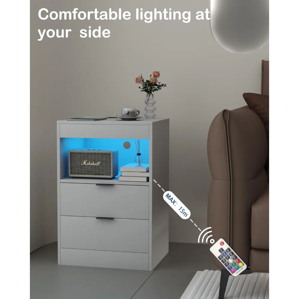 LED Nightstand Bedside Table with Charging Station, End Table with 2 Drawers and LED Lights, Sofa Couch Side Table