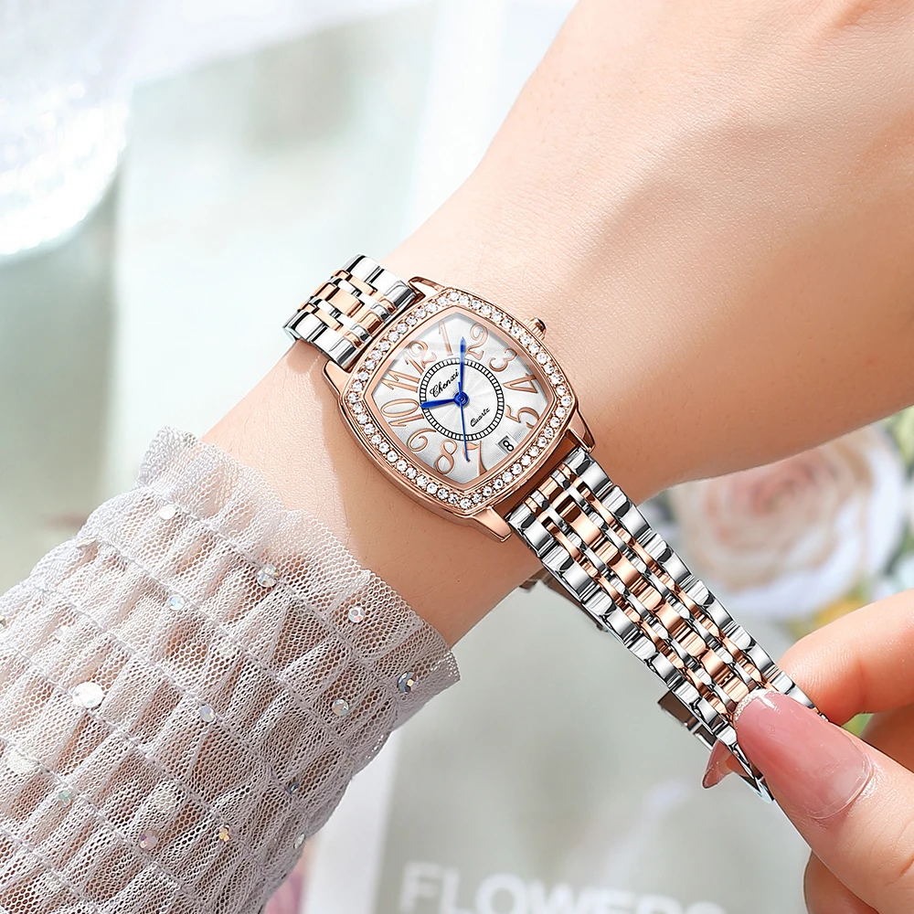Jam tangan wanita, RoseGold, merek unggulan, mewah, berlian, arloji Stainless Steel, jam tangan Quartz tahan air dengan kalender