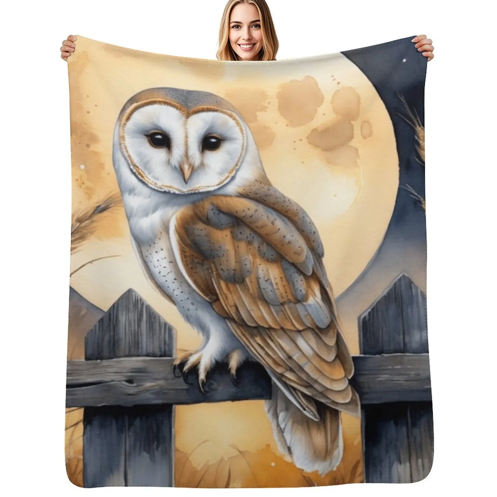 Barn Owl Under Harvest Moon Throw Blanket Easy Care Comfortable Blanket for Couch