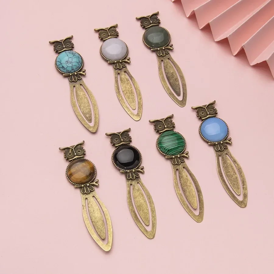 1pc Vintage Owl bookmark with Mineral Crystal Semi-gemstone Reiki Energy Stone stationery diy learning appliance supplies gift