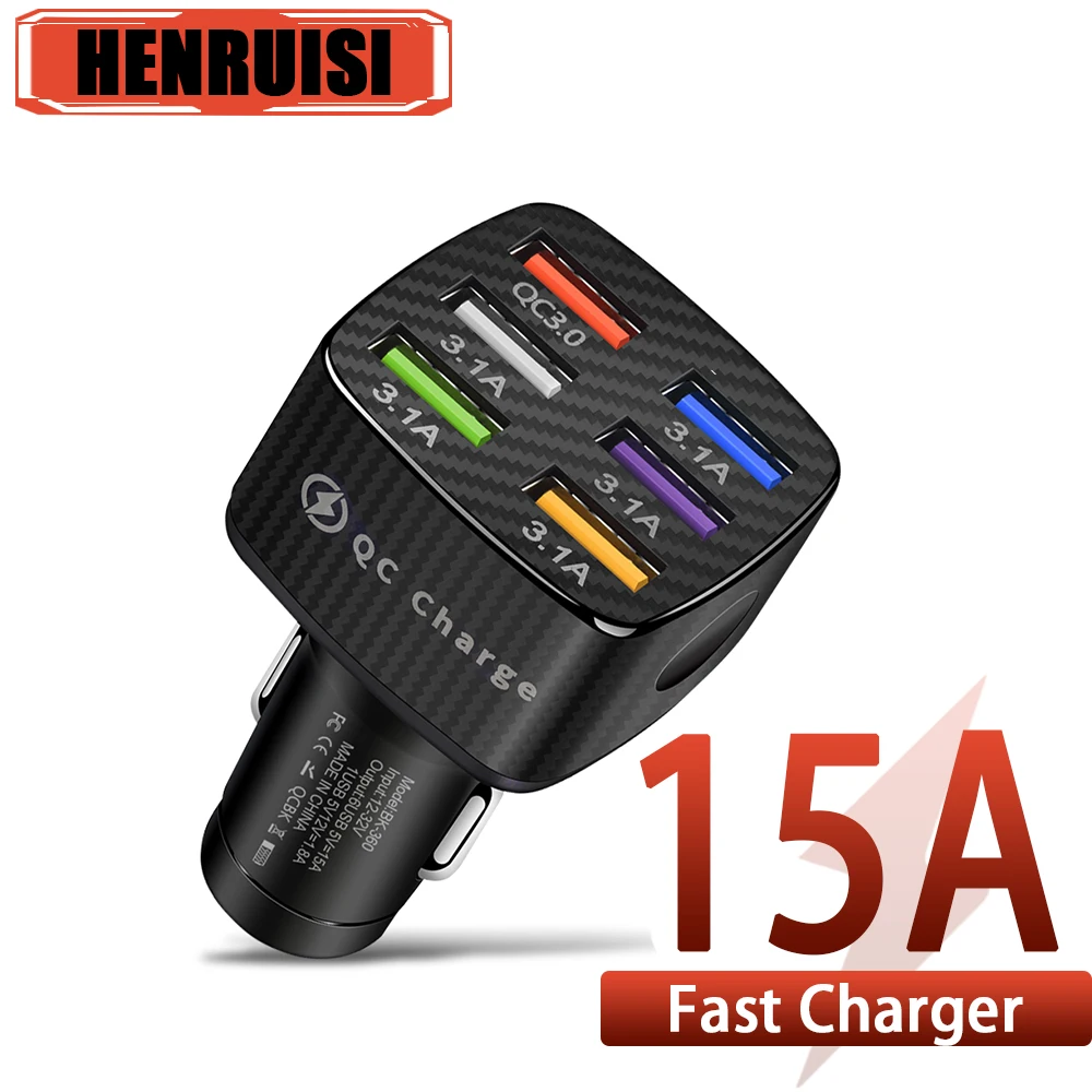 15A 6Ports USB Car Charger Quick Charger 3.0 Fast Charging For iPhone 15 14 Xiaomi 13 Samsung Huawei P60 Pro Car Phone Adapter