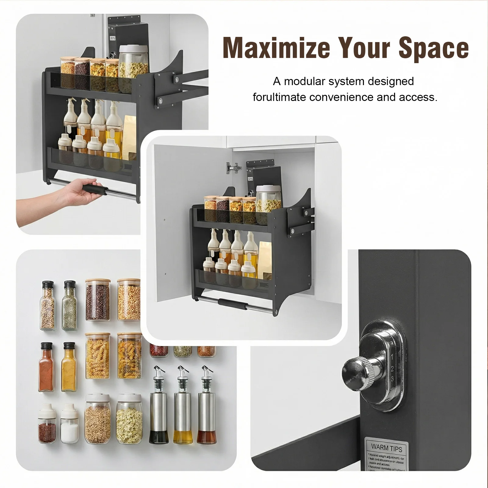 

Двухуровневая выдвижная полка для специй из алюминиевого сплава, 22,2 дюйма, органайзер для шкафа, большое пространство для хранения, 15 кг