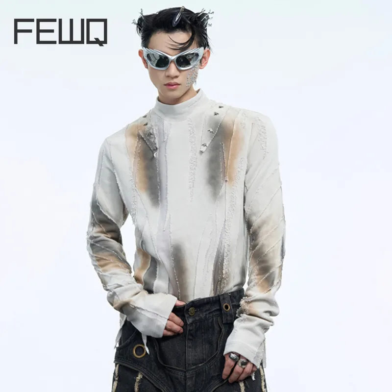 FEWQ Tie Dye Gradient Design High Neck Sweater Niche Long Sleeved 2024 Contrast Color American Male Tops Casual 24E5370