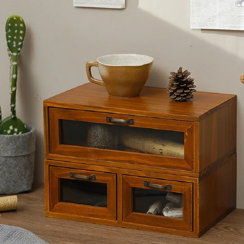 

Chinese solid wood drawer type retro debris storage rack desktop storage box Cosmetics office desk storage rack A