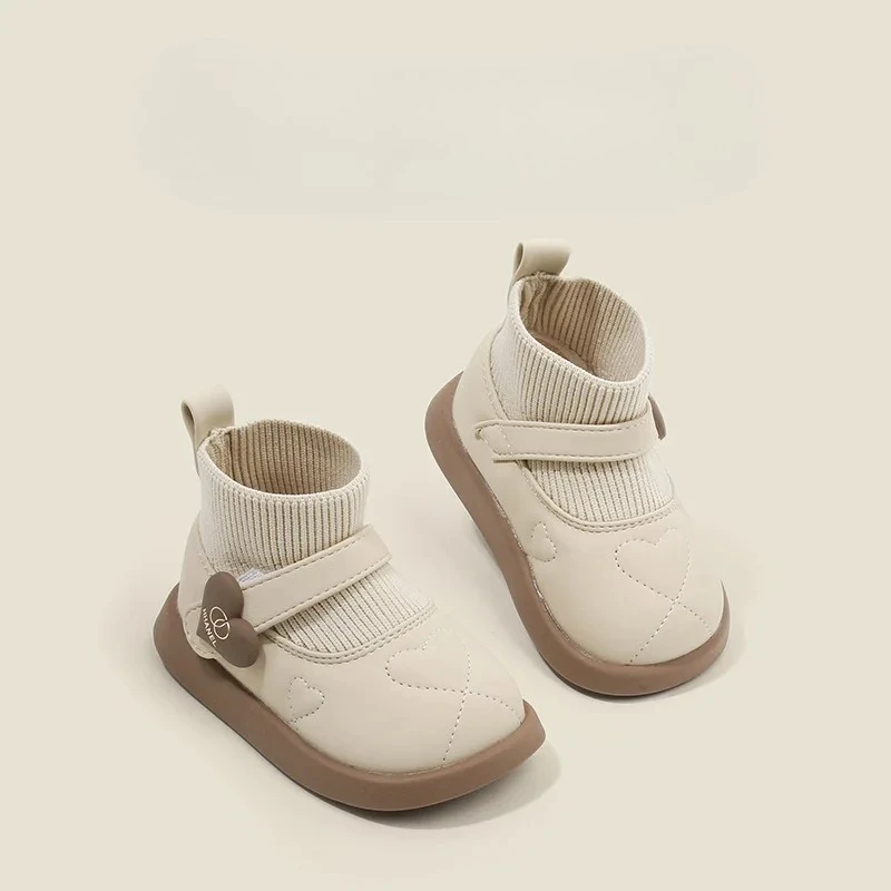 أحذية جلدية مسطحة للفتيات الصغيرات مبطنة بالصوف أحذية جورب دافئة للأطفال في الخريف والشتاء للمشايات الأولى #6