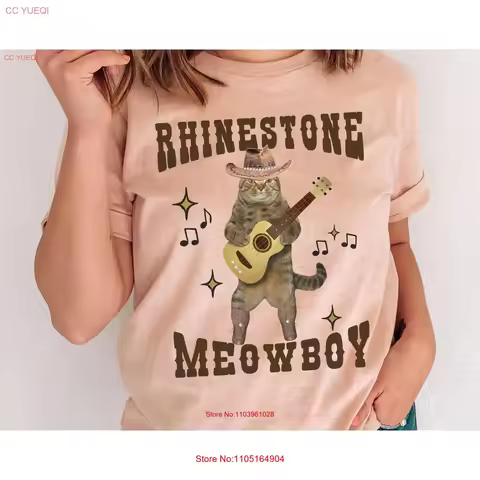 Funny Cat Playing Guitar T Shirt Country Music Western Cowboy Rhinestone Meowboy Meowdy Partner Animal vintage Washed