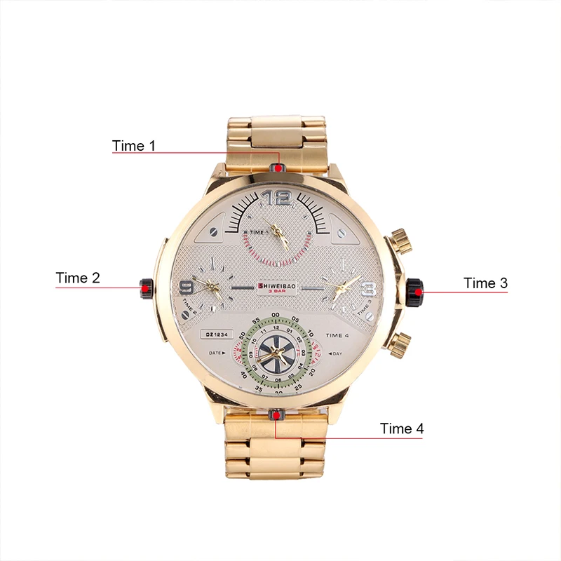 Gold Stainless Steel Big Dial Band Quartz Watch Top Luxury Shiweibao Mens Watches Four Time Zones Man Military Relogio Masculino