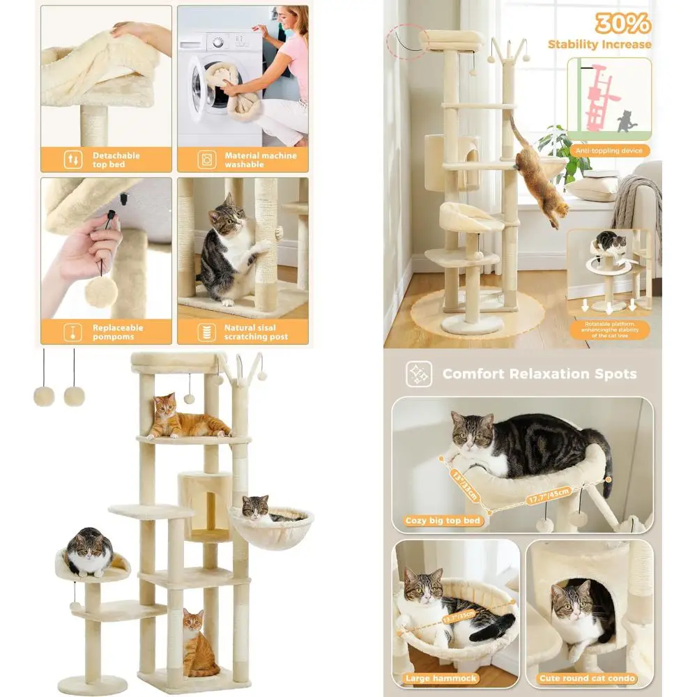 

59 Beige Cat Tower for Large Cats: Multi-Level Indoor Tree with Hammock, Scratching Post, 2 Perches & 3 Pom Pom Sticks